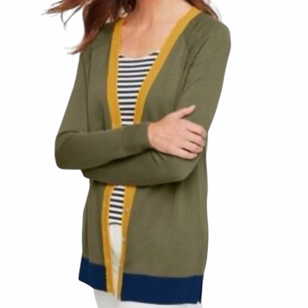 Talbots Olive Long Button Front Cardigan with Mustard Tipping and Navy Hem M